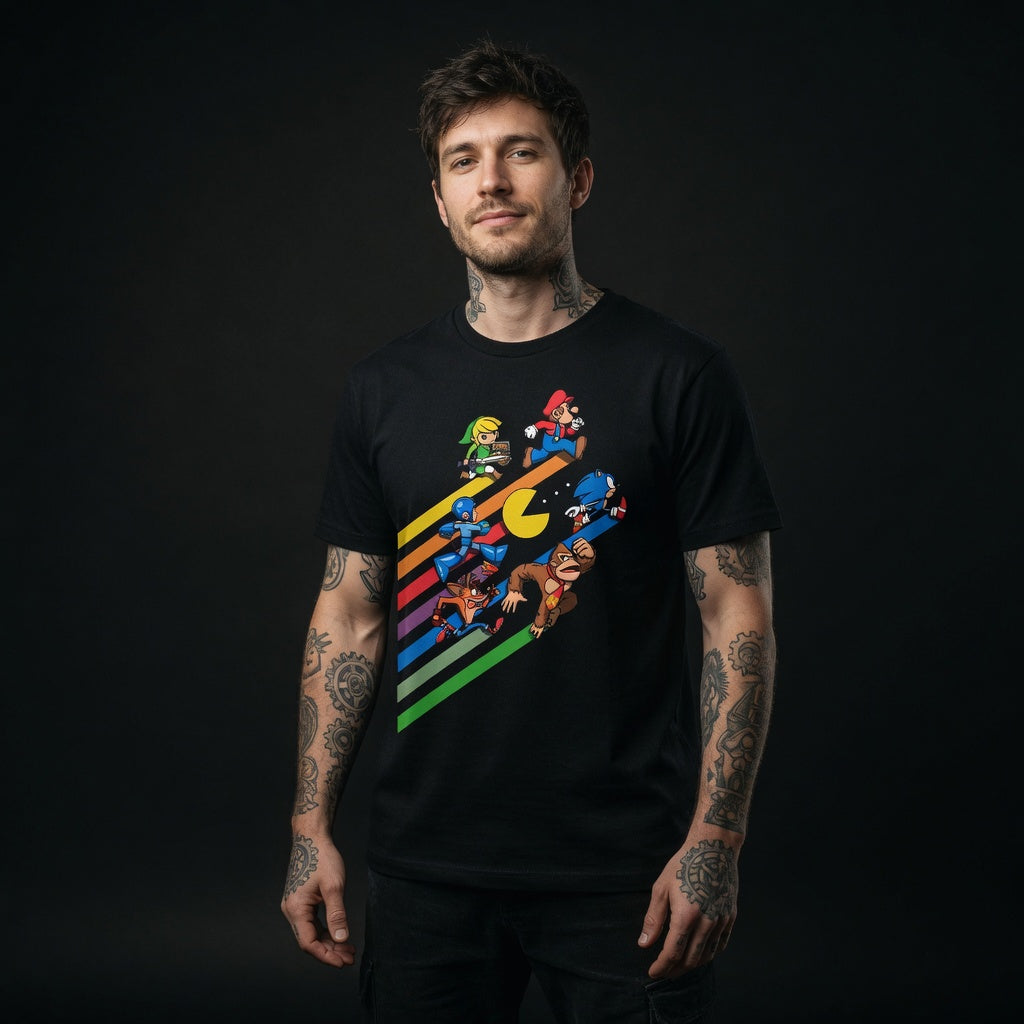 T-Shirt Gaming Rétro | Mario Sonic Link Mega Man Crash | Noir
