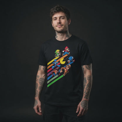 T-Shirt Gaming Rétro | Mario Sonic Link Mega Man Crash | Noir
