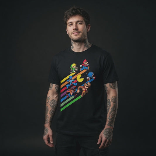T-Shirt Gaming Rétro | Mario Sonic Link Mega Man Crash | Noir